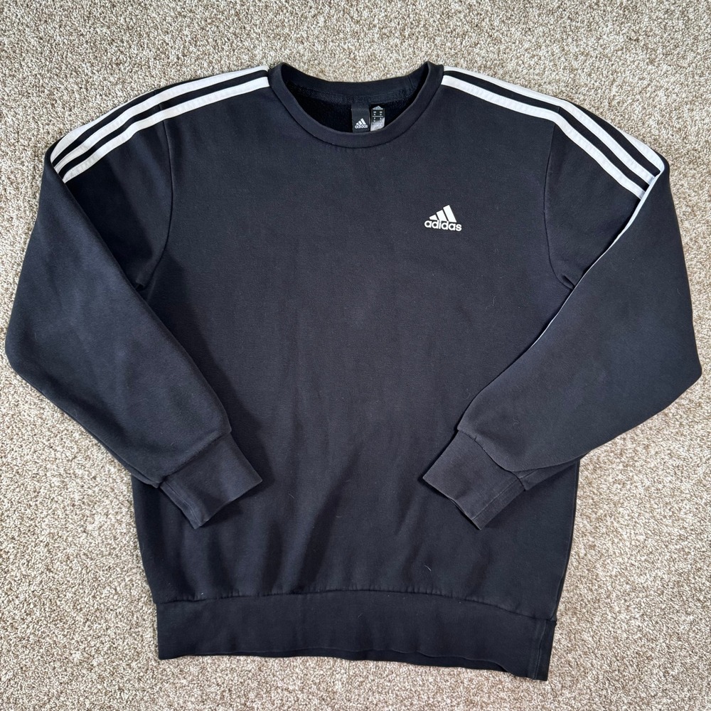 Adidas Mens Essentials 3-Stripes Fleece Crewneck Sweatshirt Black White Medium